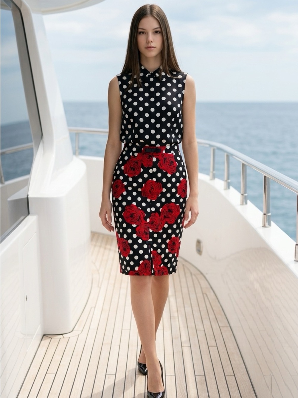 Belle Poque Straight Pencil Skirt Knee Polka Dot Rose Bow Zip Black White XL